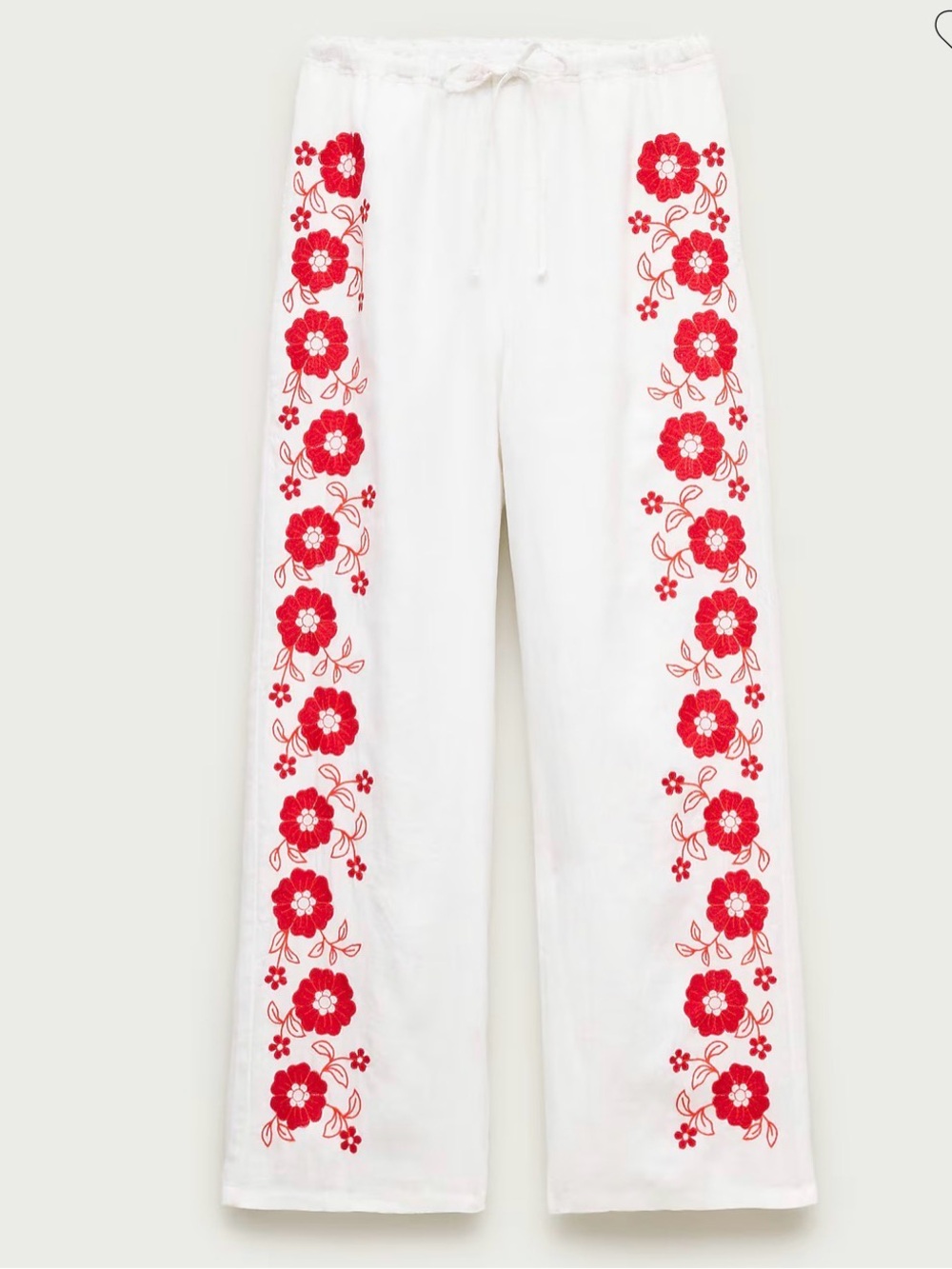 J Crew White Wide-Leg Pants with Red Floral Embroidery